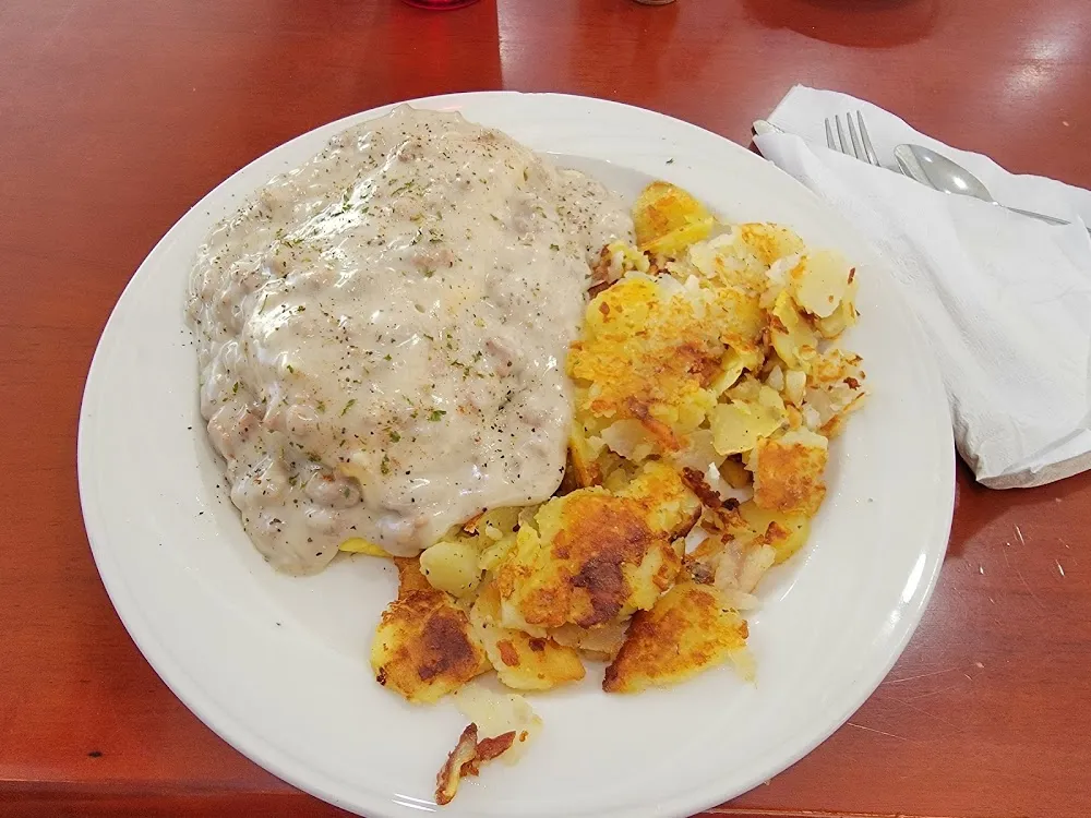 Biscuits and Sausage Gravy Omelette with American Fries